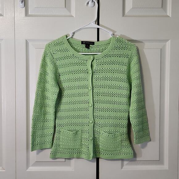 INC Women's Seafoam Green 3/4 Sleeve Open Knit Button Silk Cardigan Size SM - Picture 1 of 9